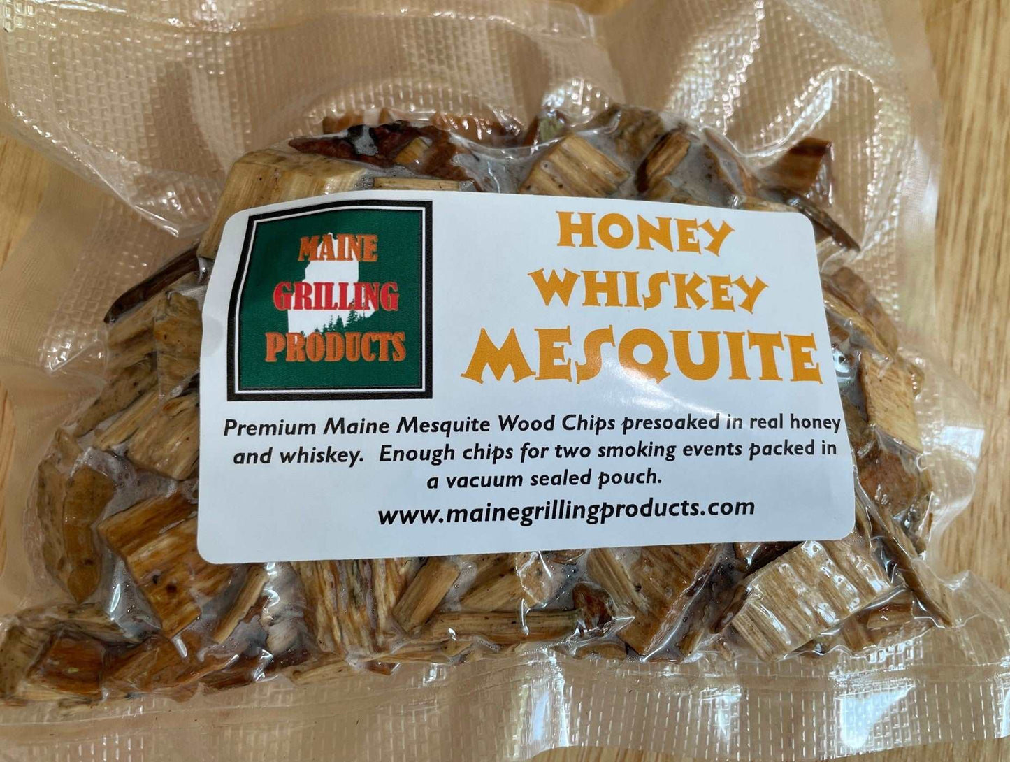 FOUR (6 OZ POUCHES) PRE-SOAKED MAINE HONEY WHISKEY MESQUITE WOOD CHIPS