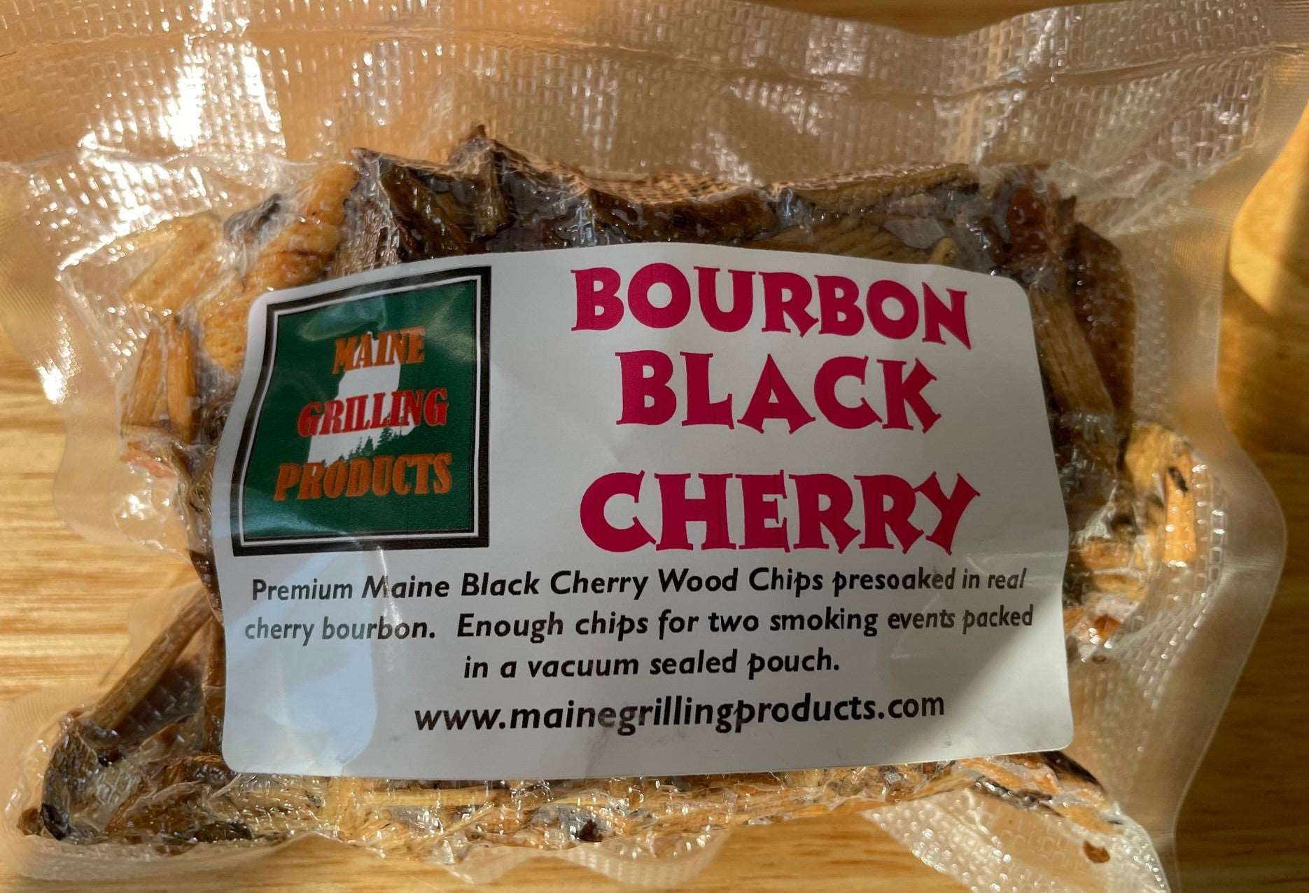 FOUR (6 OZ) POUCHES PRE-SOAKED MAINE BOURBON BLACK CHERRY WOOD CHIPS