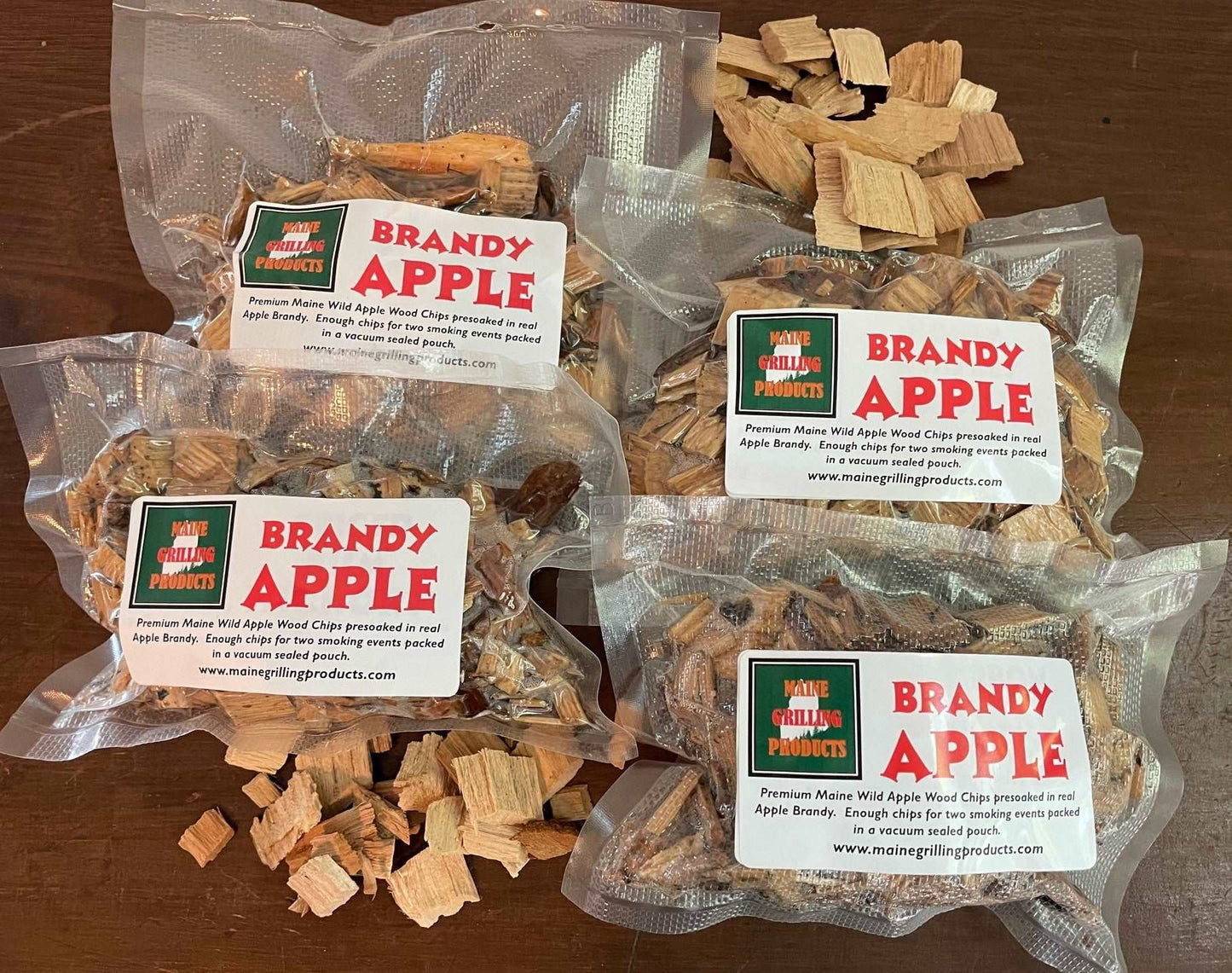 FOUR (6 OZ Pouches) PRE-SOAKED MAINE BRANDY APPLE WOOD CHIPS