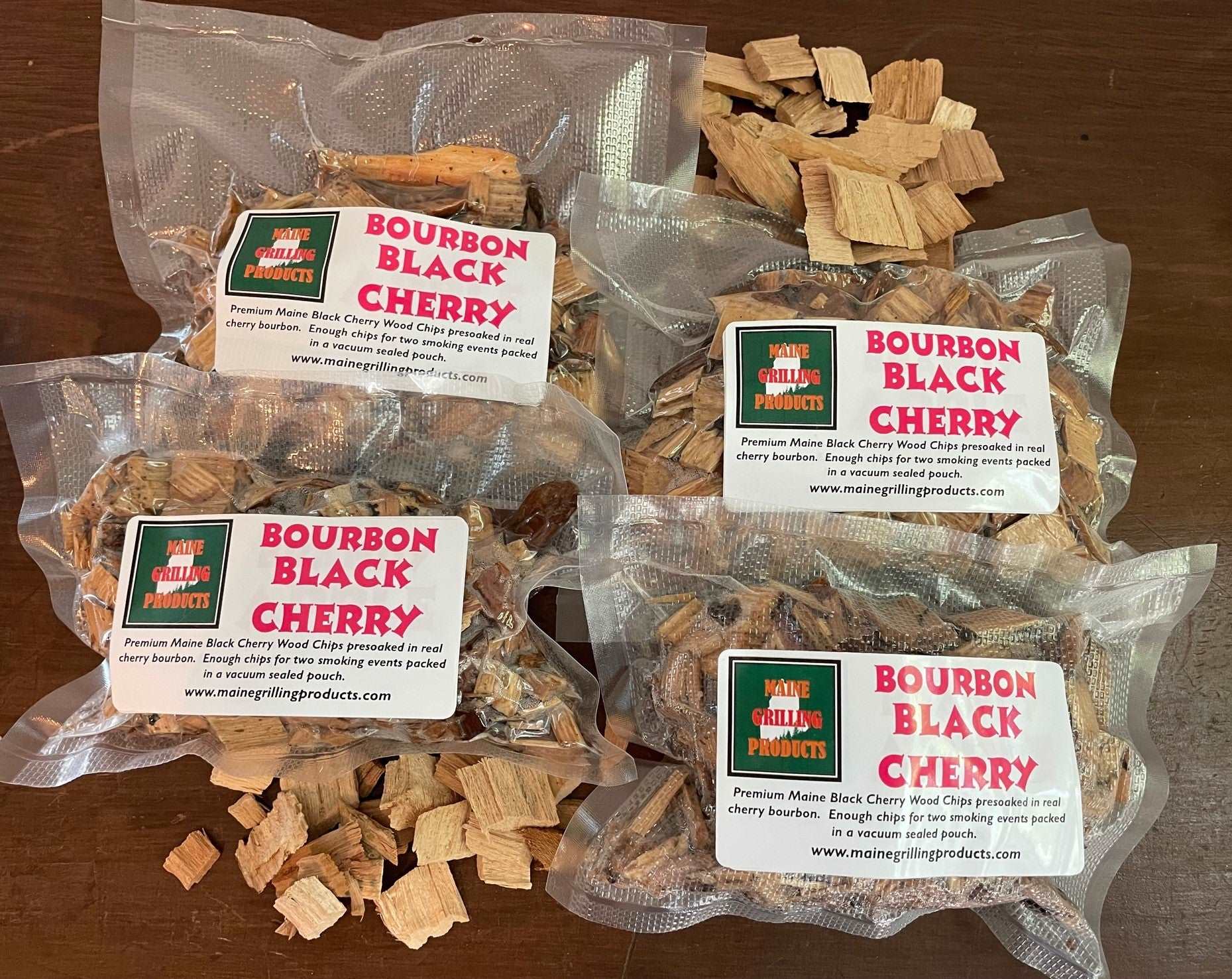 FOUR (6 OZ) POUCHES PRE-SOAKED MAINE BOURBON BLACK CHERRY WOOD CHIPS