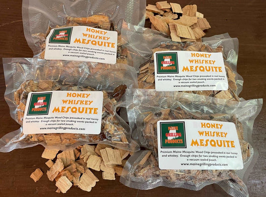 FOUR (6 OZ POUCHES) PRE-SOAKED MAINE HONEY WHISKEY MESQUITE WOOD CHIPS