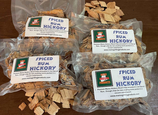 FOUR (6 OZ) PRE-SOAKED MAINE SPICED RUM HICKORY WOOD CHIPS POUCHES