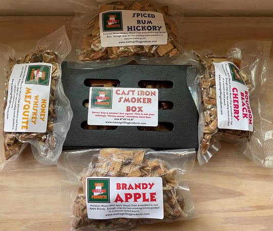 PRE-SOAKED PREMIUM MAINE WOOD CHIPS VARIETY PACK AND DELUXE SMOKER BOX COMBO.